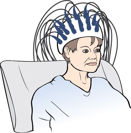 Illustration of a seated person wearing an EEG cap with many electrode wires.